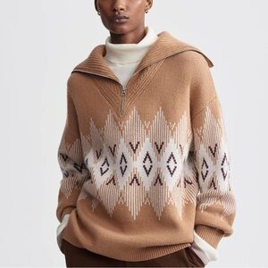 Varley Camel/Tan Zip-Neck Patterned Sweater